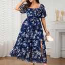 SCOMCHIC Womens Plus Size Maxi Dress Wedding Guest Tiered Long Dresses | Puff Short Sleeve Floral Dress, Elegant Cocktail Dress, Evening Party Dress, Formal Dresses, Summer Dresses, Dress with Slit (Blue, L)
