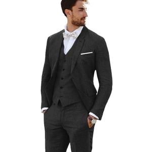 Furuyal Linen Suit 3 Pieces Vintage Retro Wedding Prom Suits Slim Fit Jacket Blazer Groom Tuxedos Medium, Black