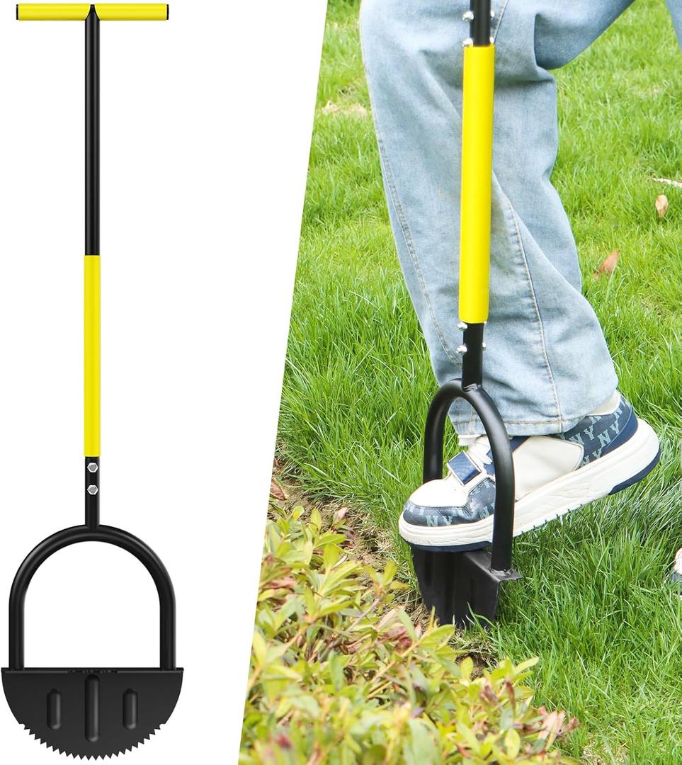 Houselife Half Moon Edger for Landscaping, 42" Manual Grass Edger Tool with V-Shape Serrated Blade, Long Handle Garden Edger for Sidewalk, Driveway & Flower Bed, 9" Wide Footplate