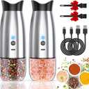 Gravity Electric Salt and Pepper Grinder Set, USB Rechargeable, No Battery Needed, Adjustable Coarseness, Automatic Mill Grinder with Warm LED Light, One Hand Operated for Kitchen, Restaurant, Outdoor (Silver)