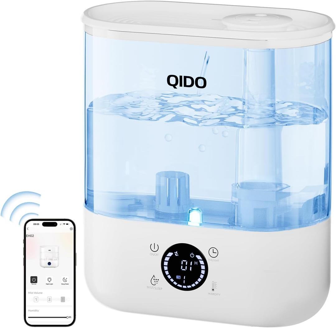 QIDO Top Fill Humidifiers for Bedroom, 5 L Cool Mist 36H Super Long Time, Quiet 28dB Essential Oil Diffuser for Baby & Plants, 3 Adjustable Mist with Touch/APP/7-color Nightlight, Auto Shut-off, White