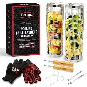 BLAZIN' GRILL Rolling Grill Basket with Removable Handle | 2 x Grilling Basket & Smoker Accessories | Grill Baskets for Outdoor Grill with BBQ Gloves | Barbecue Grill Baskets for Vegetables, Seafood & Meat