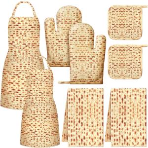 8 Pcs Passover Kitchen Accessories Set Include Passover Apron Oven Mitts Pot Holders Kitchen Towel Matzah Print Design for Pesach Seder and Cooking Gifts