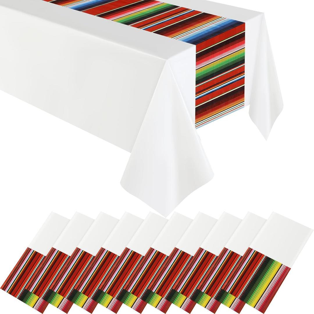 Hosuly 10 Pcs Mexican Fiesta Tablecloth 54 x 108'' Party Plastic Tablecloth Striped Table Cover for Mexican Fiesta Party Decorations (White Background)