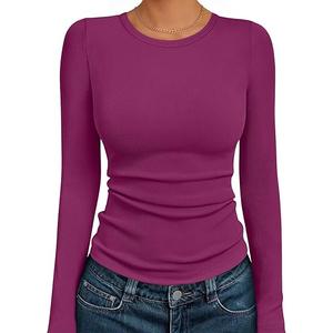 Women's Ribbed Long Sleeve Basic Top - Soft Stretch Crewneck Shirt for Work & Casual  (Large, Magenta)