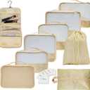 9 Set Packing Cubes - Suitcase Organizer, Cute Packing Cubes, Travel Bags Organizer for Luggage with Hanging Toiletry and Shoe Bag, Travel Essentials for Women, Men and Kids -Beige