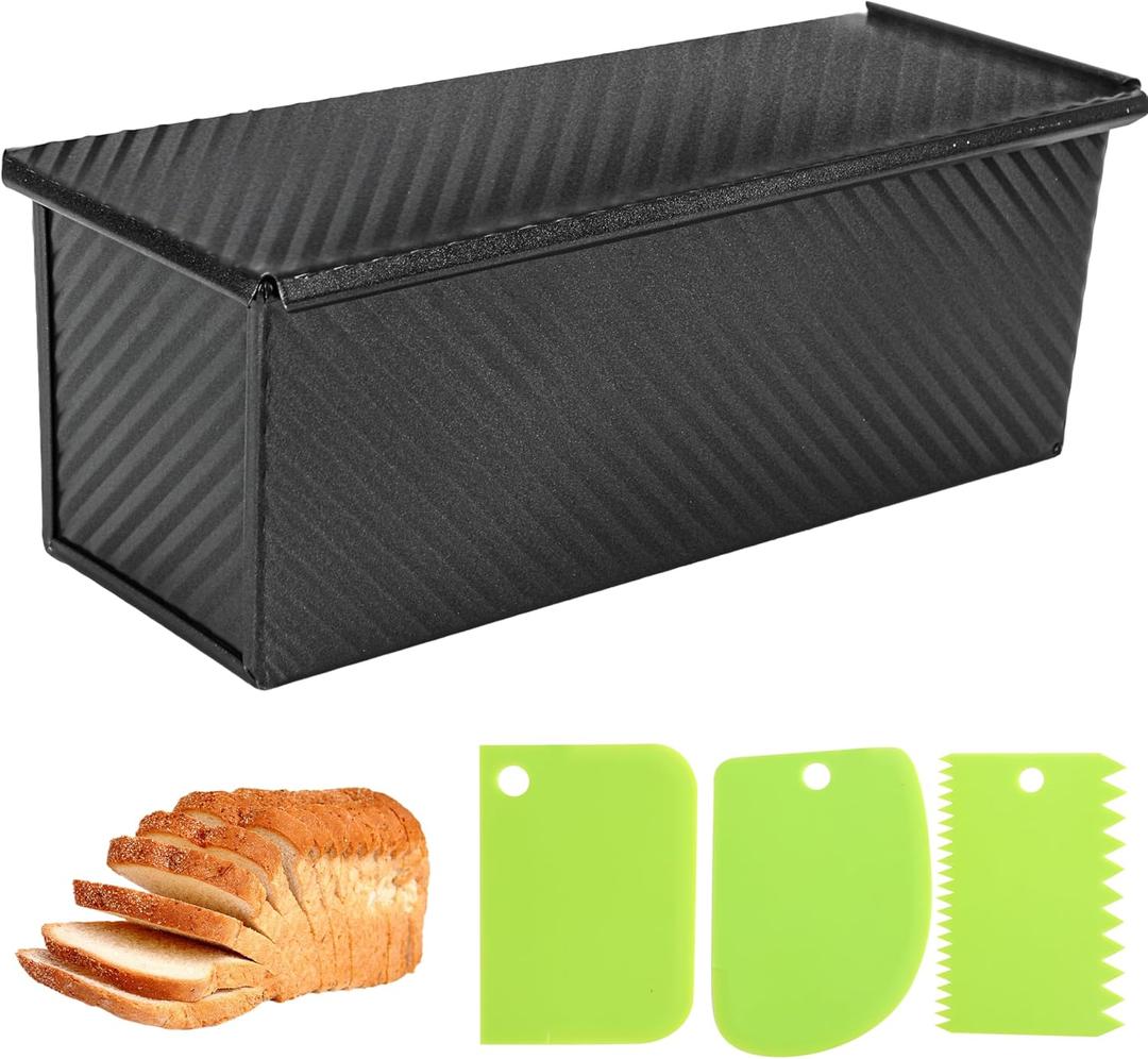 2.2lb Pullman Loaf Pan with Lid, 13inch SP-031 Bread Pan with Dough Scraper Cutter, Black Covered Loaf Pan for Sandwich Bread (13inch, Black)