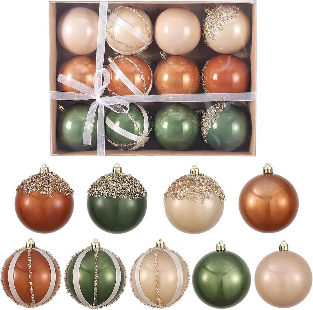 12 Pcs Christmas Ball Ornaments Set Brown Green Champagne Luxury Neutral Shatterproof Christmas Tree Decorations 3.15 Inch Glittering Decorative Hanging Ornament Bulk for Xmas Tree Holiday Party Decor