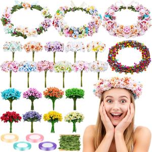 25 Sets DIY Flower Crowns Making Kit, Make Your Own Flower Crown Wreath Handmade Fairy Floral Hair Accessories Garland Kit for Bridal Wedding Birthday Party Decor