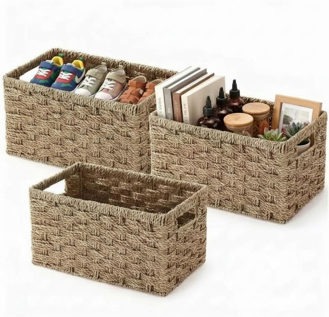 Briwooody 3 Pcs Rectangular Wicker Storage Baskets for Shelves Natural Woven Paper Rope Storage Baskets with Built in Handles 13 x 8.3 x 6.7 '' Kitchen Wicker Bins for Home Bathroom Pantry (Beige)