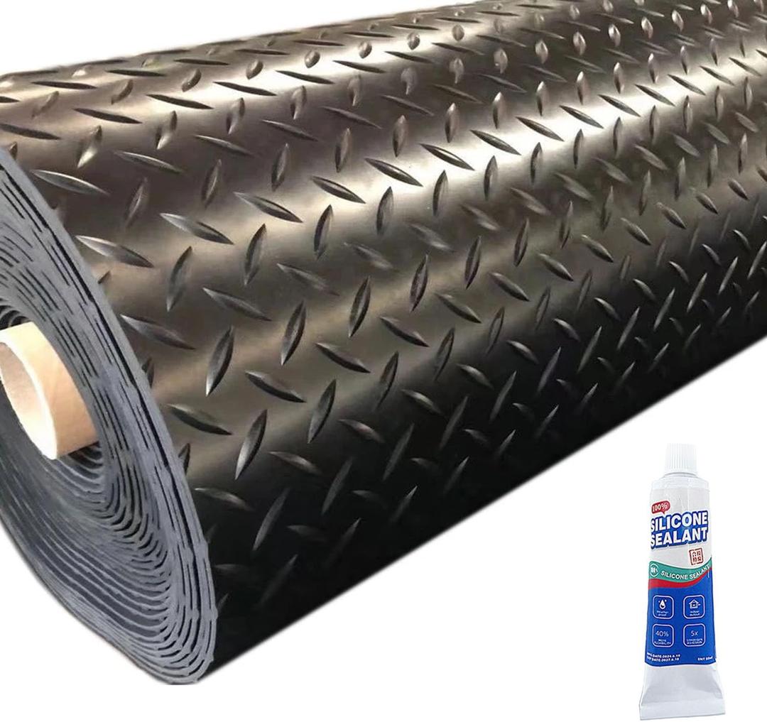 Heavy Duty Diamond-Plate Rubber Flooring Roll 4x6 FT, Multi-Purpose Waterproof Anti-Slip Floor Mat, Easy to Clean Under Equipment, Mats for Garage, Gym, Stable, Basement, Kennel
