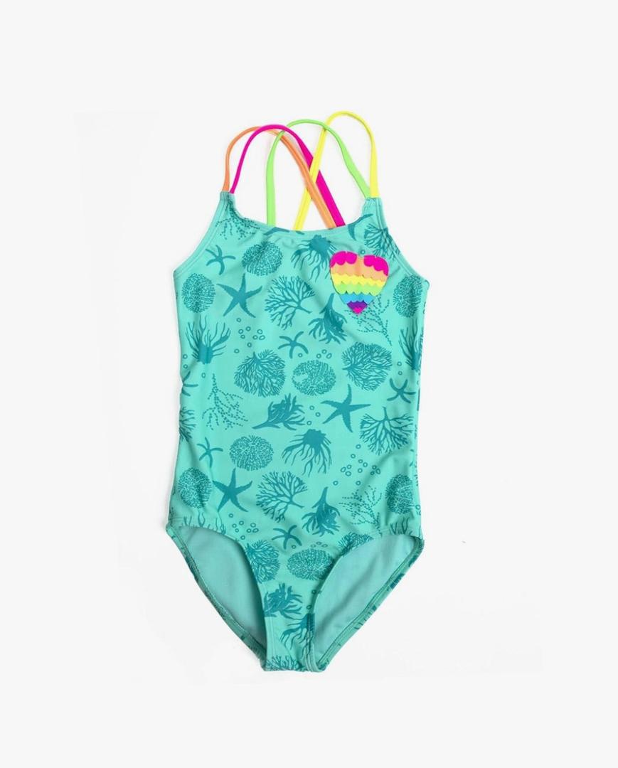 Jimmy Baha·mas Girls 1 Piece Sport Swimsuits with Cross Back Strap Colorful Fish Scales Print and Two Cute Bow Decorations, Light Green, 7