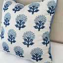 Blue Block Print Marigold 22x22 Throw Pillow Cover - Off-White Cushion Cover for Sofa Couch Living Room - Coastal Grandmillennial Farmhouse Decor - Babur Floral