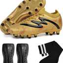 brooman Kids Firm Ground Soccer Cleats Boys Girls Football Shoes with Shin Guards and Soccer Socks (Yellow, 13)