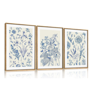 Classic Chinoiserie Framed Canvas Wall Art Set, Blue Watercolor Flower Wall Decor, Blue and White Plant Wall Painting, Minimalist Floral Art Print for Living Room, Bedroom, Office - 16"×24"×3
