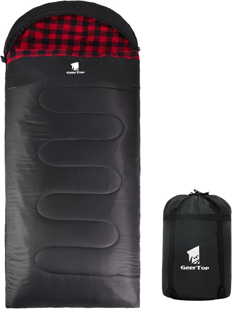 GEERTOP Flannel Sleeping Bags for Adults Big & Tall People Portable Cold Weather Envelope XXL All Seasons Camping Sleeping Bag (Red&Black(Extra-thick))
