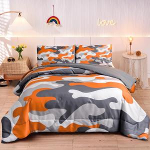 Kids Camo Bedding Set, Army Camouflage Bedding Queen Comforter Set for Boys Girls Teens Bedroom Decoration, 3Pcs (Orange, Queen)