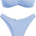 ZAFUL Women's Strapless Bikini Openwork Textured Bow Ruched Lace Up High Cut Bandeau Swimsuit Bathing Suits (0-a-light Blue)