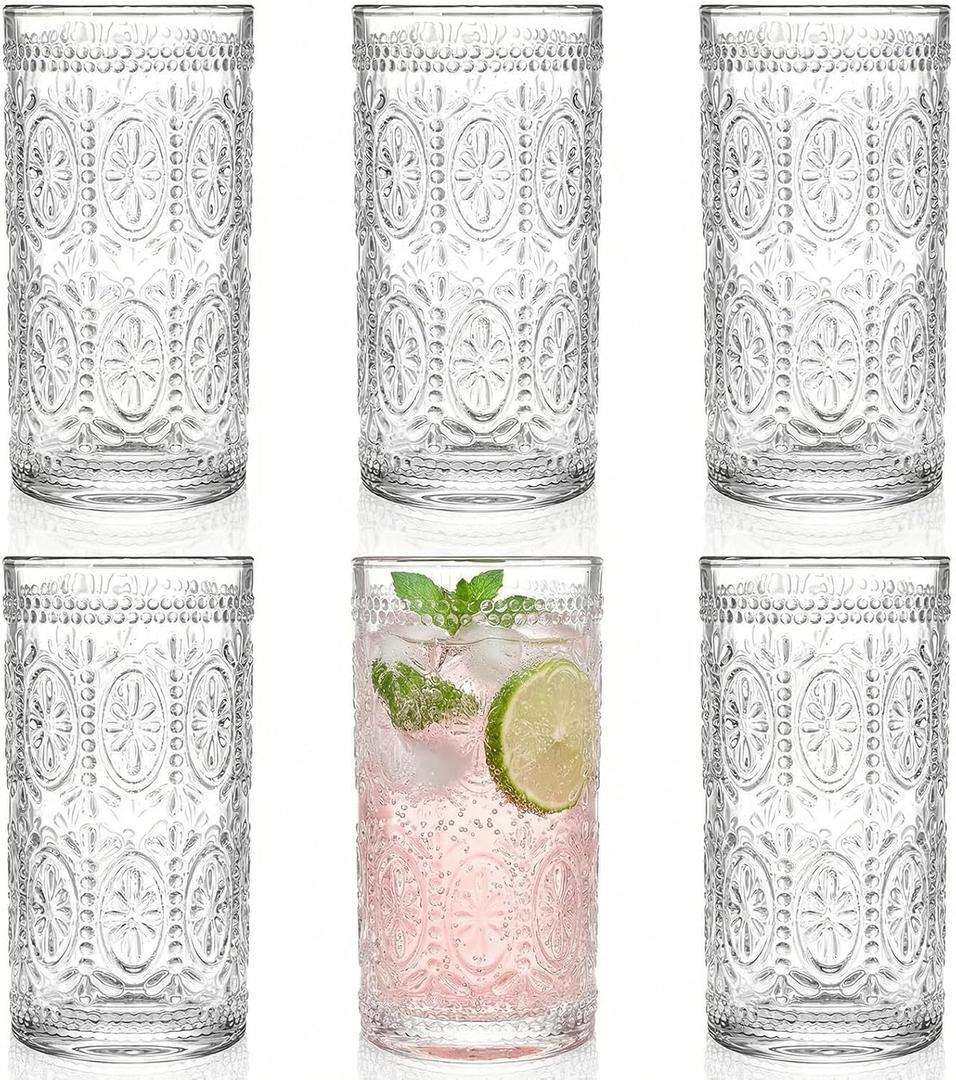 Bekith 6 Pack Romantic Drinking Glasses, 12 oz Highball Glasses, Thick Water Glasses, Tall Glass Cups for Beverages, Beer, Cocktail, Vintage Glassware Set for Dinner Parties, Bars, Restaurants