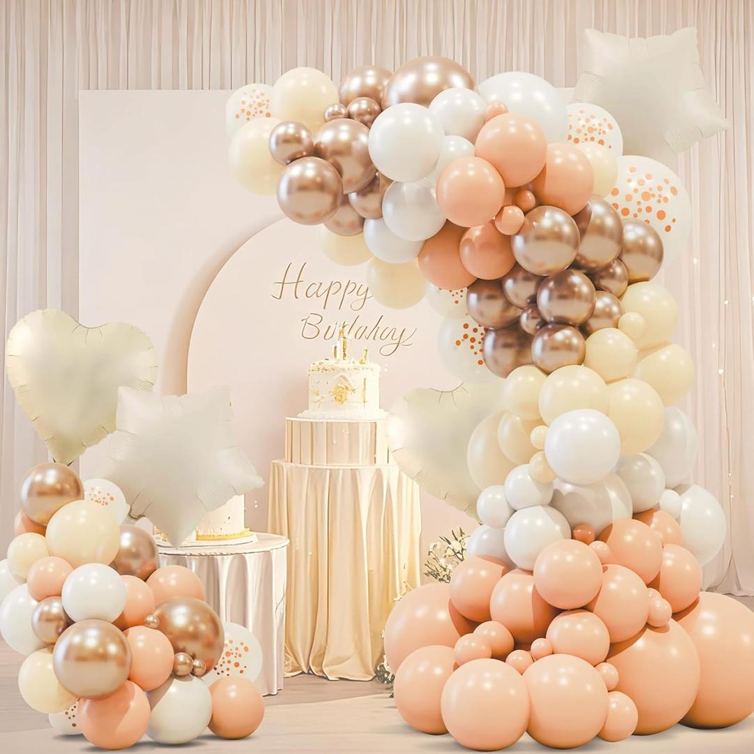 2 x Beige White Sand Metallic Champagne Gold Balloons Garland Arch Kit, Ivory Nude Neutral Cream Balloons with Cream Heart Pentagram Foil Balloons for Wedding Baby Bridal Shower Party Decorations