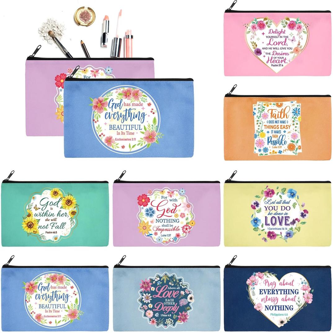 Talltalk 8 Pcs Christian Makeup Bags for Women, Bible Verse Cosmetic Pouches with Zipper, Bulk Religious Gifts for Church Group, Bible Study, Christmas Birthday Party Favors (Stylish Pattern)