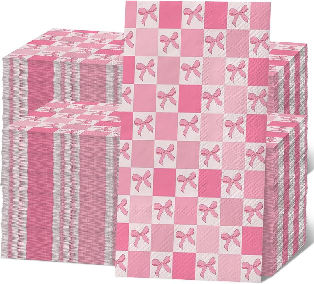 200 Pcs Pink Bow Napkins Pink and White Checkered Napkins Bow Disposable Hand Towels for Bathroom Gingham Baby Shower Napkin Disposable Decorative Bows Cocktail Napkin Birthday Wedding Party Decor