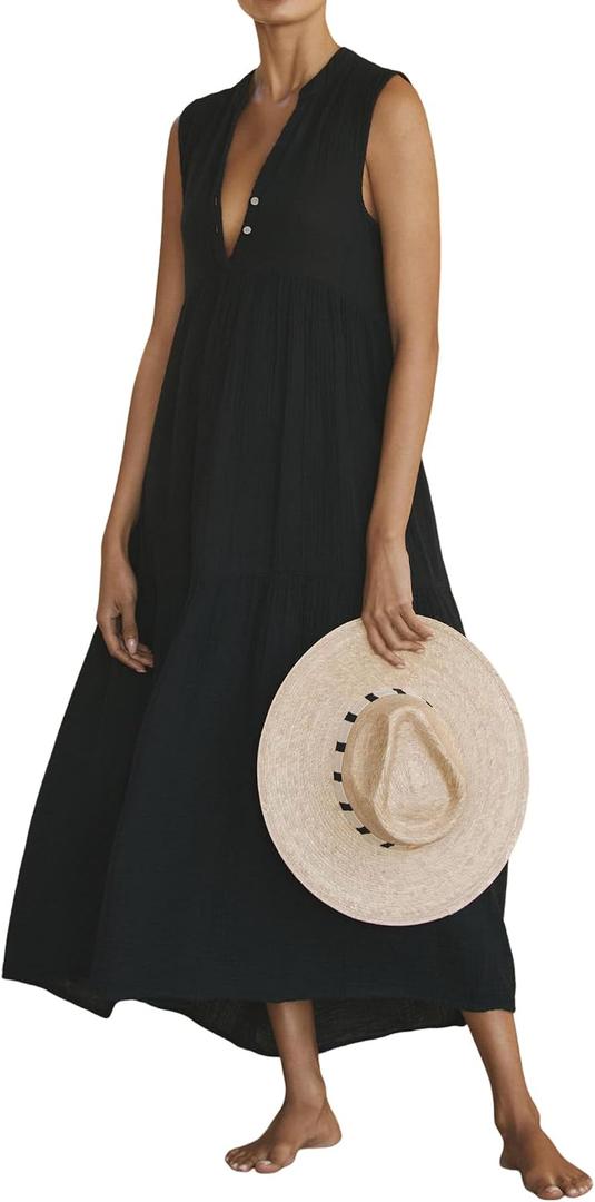 R.Vivimos 2026 Summer Cotton Maxi Dresses for Women Casual Sleeveless Button V Neck Tiered Loose Flowy Beach Long Dress, Size Small