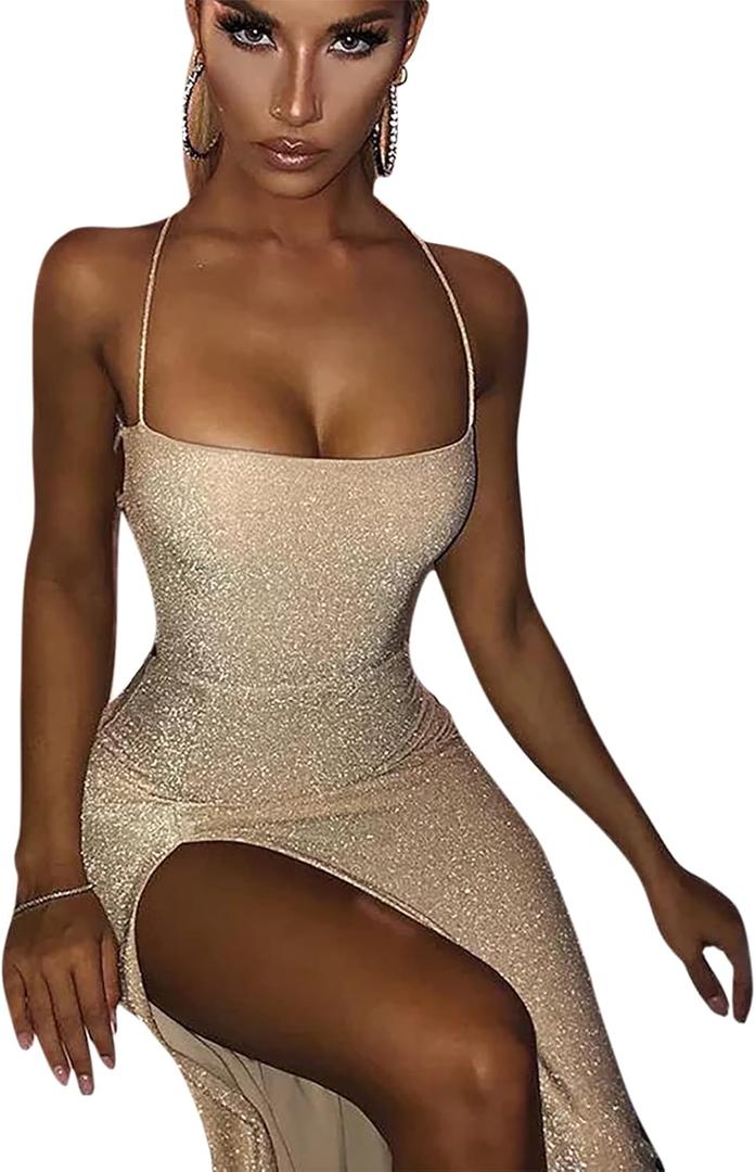 Women's Sexy Glitter Spaghetti Strap Bodycon Lace Up Backless High Split Long Maxi Dress Party Night Club Cocktail Dresses (Khaki, Size S)