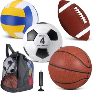 HyDren 4 Pcs Assorted Sports Balls Set for Kids Back to School Recess PE Equipment Official Size Basketball, Soccer, Football, Volleyball with Carry Bag and Pump for Outdoor Playground Gift (Brown)