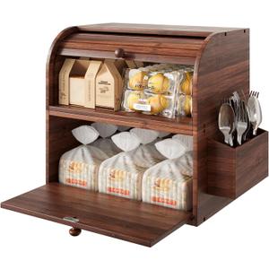TQVAI Bamboo Bread Box for Kitchen Counter Double Layer Roll Top Bread Storage Container with Silverware Basket - Can Use as 2 Individual Bread Bin - Assembly Required, Retro Brown