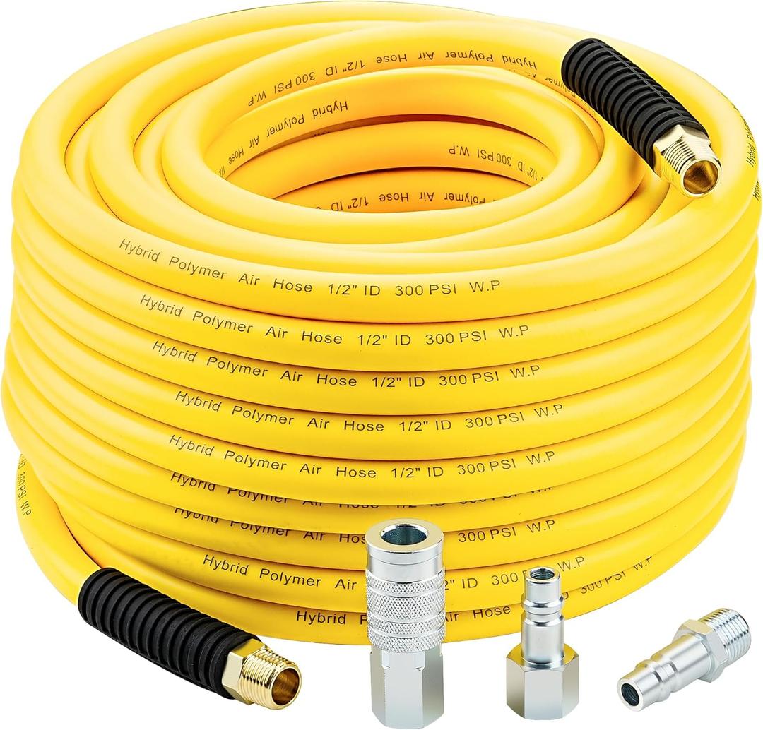 1/2 Inch x 100ft. Hybrid Air Hose with 1/2 in. MNPT Ends and Bend Restrictors, 3PCS 1/2 Air Coupler and Plug Kit, Air Compressor Hose Fittings and Accessories