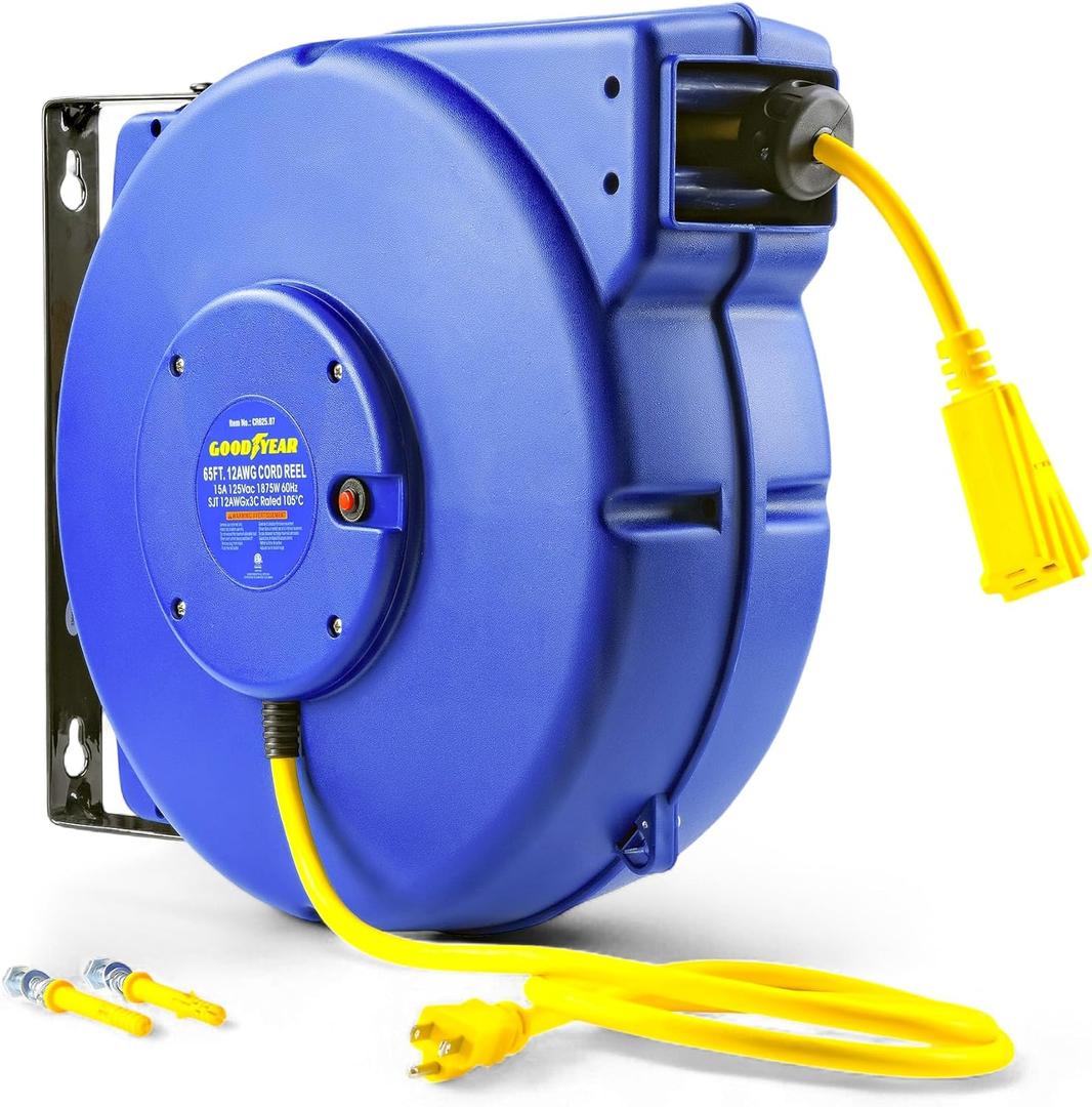 Goodyear Retractable Extension Cord Reel  Heavy-Duty Commercial Cable with Triple Tap Connector, Auto-Rewind & Wall/Ceiling Mountable (Enclosed, 12AWG x 65 ft)