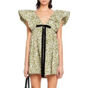 hibshaby Women's Floral Print Mini Dress V Neck Puff Sleeve Dress Short Babydoll Bow Dress (Large, Printed Green)