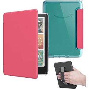 Case for All-New 7" Kindle Paperwhite 12th Gen 2024 and Kindle Color soft Signature Edition, Light PU Leather Cover and Transparent Hard Back with Hand Strap, Auto Sleep/Wake, Watermelon Red