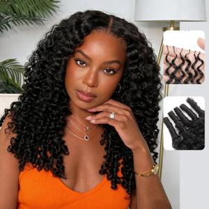 Burmese Curly Feather Crochet Human Hair Bundles Human Crochet Hair Pre Looped 100 Strands Pre-Separated Reusable Invisible 100% Virgin Human Hair Crochet Extensions 16 Inch 120g Natural Black