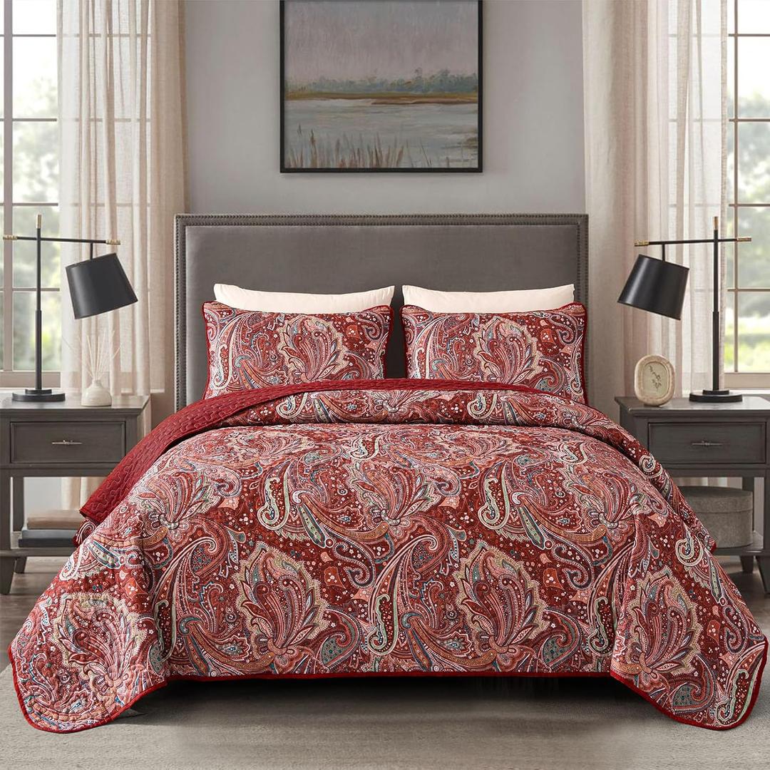 DJY Red Paisley Quilt Set Full Size Boho Quilt Bedspread Set 3 Pieces, Soft Lightweight Microfiber Coverlet Set Paisley Floral Pattern Bedding for All Season, 90''x80''