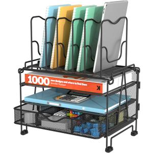 BOHDK Mesh Desk Organizer, 3-in-1 Desktop Organizer with 3 Tier Tray and 5 Upright Sections, File Organizer for Desk with Sliding Drawer, Black