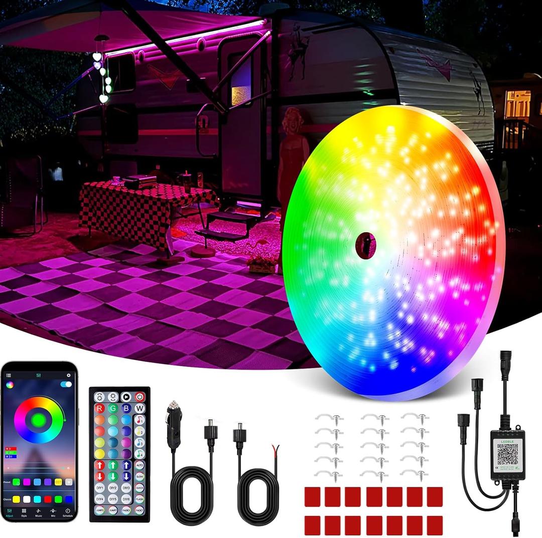 50FT RV Awning Lights, RGB RV Exterior Strip Light with Remote and App Control, IP68 Waterproof LED Lights for Motorhome Travel Trailer Canopy Party, Stands Food Trucks