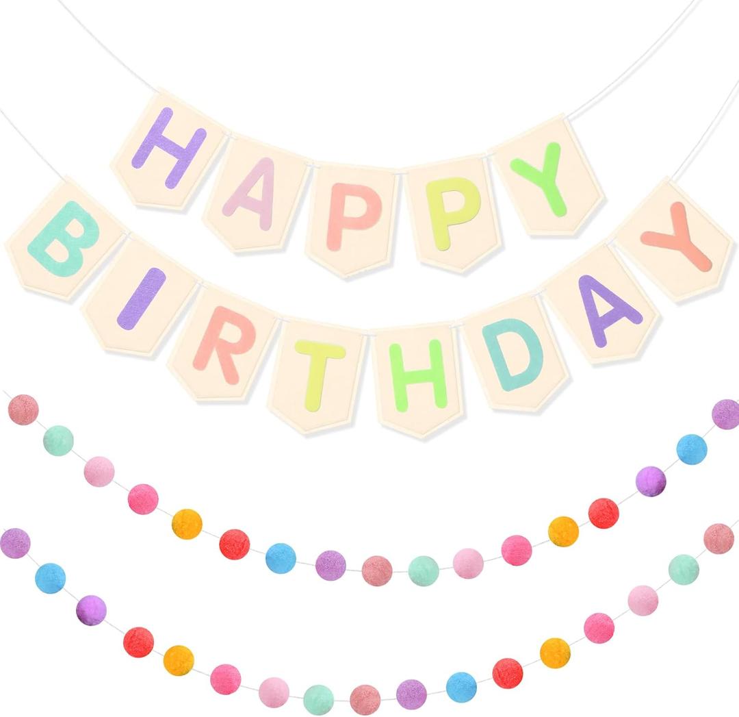 Buryeah Pastel Felt Happy Birthday Banner Colorful Garland Boho Confetti Pom Pom Rainbow Birthday Banner Reusable Sign Decoration for Festive Cute Candy Party Supply