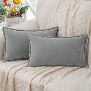 DecorUhome Chenille Soft Throw Pillow Covers 12x20 Set of 2, Lumbar Velvet Farmhouse Neutral Decorative Euro Pillow Covers with Stitched Edge for Couch Sofa Bed Home Decor, Ultimate Gray