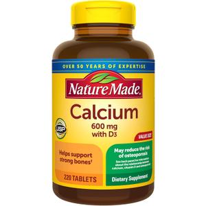 Nature Made Calcium 600 mg with Vitamin D3 for Bone Support, 220 Tablets