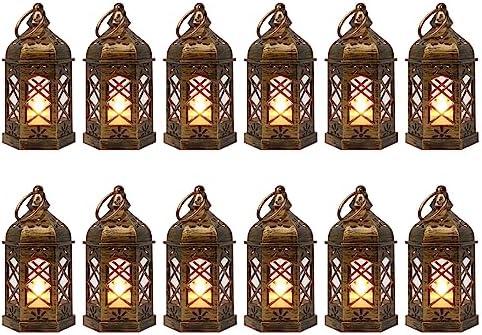 LLQ Mini Lantern with LED Candle, 12PCS Small Lanterns Decorative Indoor, Vintage Moroccan Lights for Halloween Decorations, Hanging Ornaments for Christmas, Table Centerpiece, Boho Wedding Decor