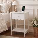 Sliner Scalloped Nightstand with Drawer and Open Shelf, White Nightstand Scalloped Edge Bedside Table 17" x 14" x 24" Modern Minimalist Coquette Night Stand Wooden End Table for Bedroom, 16.93 x 13.78 x 23.62 inches
