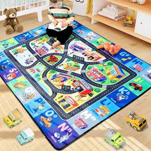ABC Rug for Kids Playroom, Alphabet Rug 3x5 Feet, Washable Play Mat Non-Slip ABC Mat Classroom Carpet Car Rugs for Kids Learning Letters Animals Shapes for Play Room Decor (Race Track)