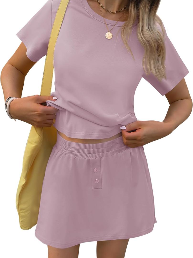 TCOT Pajamas for Women Set Summer Fashion Short Sleeve Crewneck Tops with Skirt Sets Pajama Casual Loungewear (XXL)