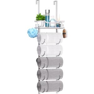 SWTYMIKI Over The Door Towel Rack - 6 Tier Towel Racks for Bathroom Wall Mounted, Towel Holder with Shelf, Hanging Rolled Towel Storage Organizer for Small Bathroom, Camper, RV, Sliver (Silver)