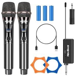 NEW BAXS Wireless Microphones, Dual Karaoke Microphone System, Microfonos Inalambricos with Rechargeable Receiver, Cordless Dynamic Mic Micro Set for Singing, Wedding, DJ, Party, Speech,Gray