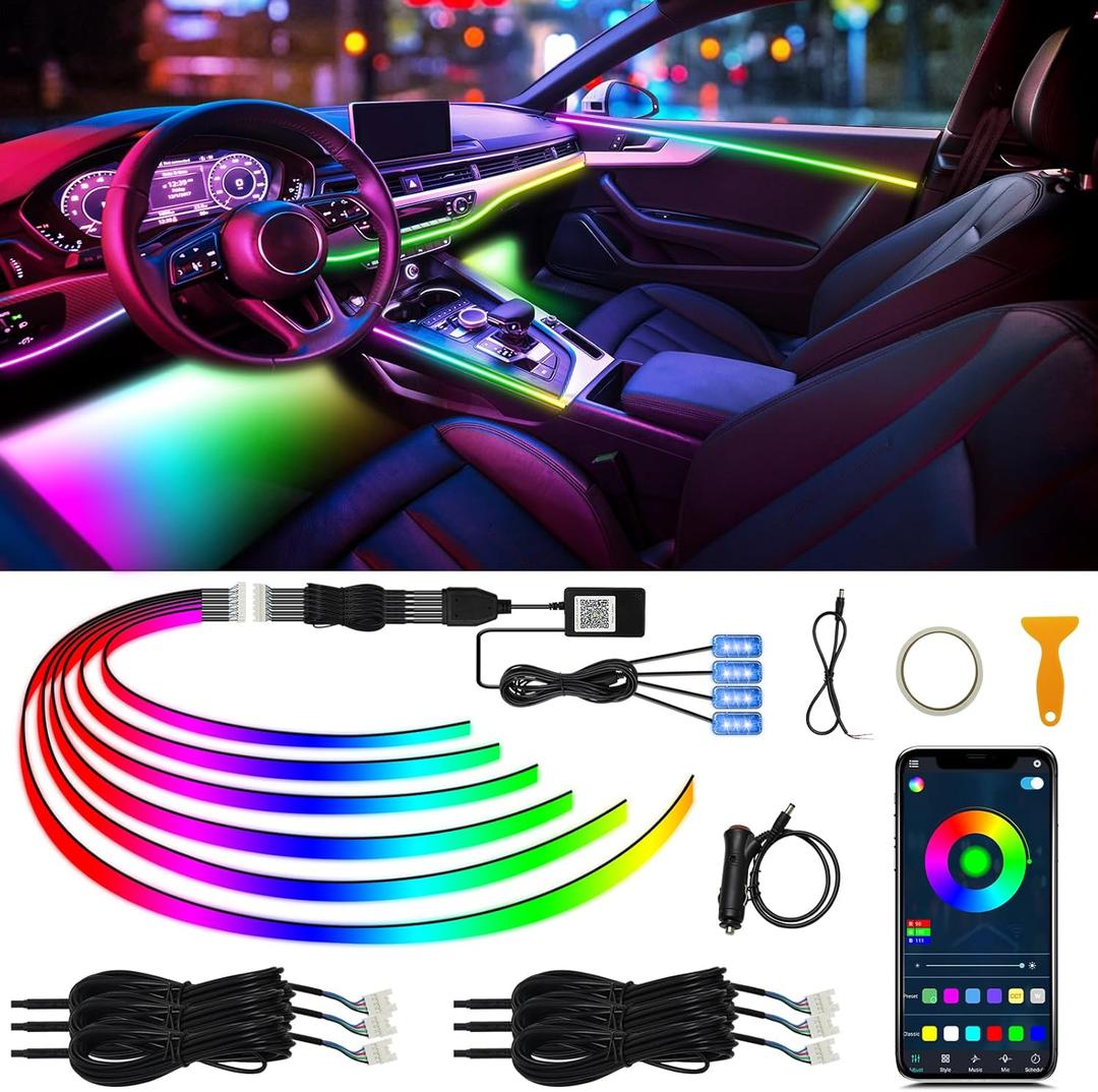 Acrylic Interior Car LED Strip Light with Wireless APP, Dreamcolor 10 in 1 with 175 inches 593 LEDs Fiber Optic Ambient Lighting Kits, 16 Million Colors Sound Active Function Car Neon Lights (Dreamcolor 10 ligths (one control box))