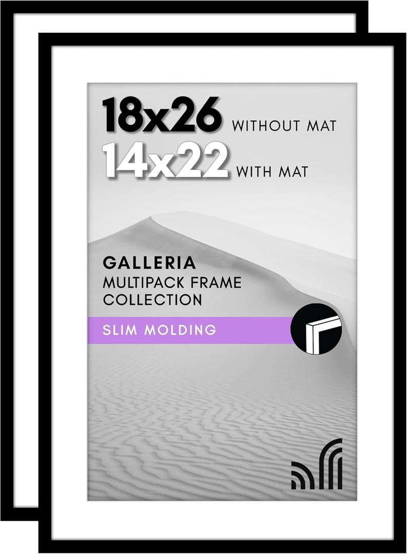 Americanflat 18x26 Poster Frame with Polished Plexiglass - Set of 2 - Use as 14x22 Frame with Mat or Display 18x26 Photo Without Mat - Galleria Collection - Picture Frames for Wall Display - Black