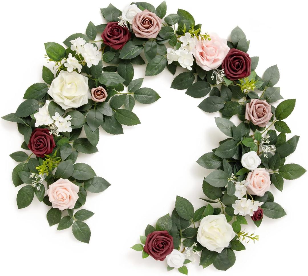 Ling's moment 5FT Burgundy Artificial Flower Garland Dusty Rose Floral Garland Arch Flowers Vine for Wedding Party Backdrop Decor Mantel Home Table Centerpieces Wall Decorations Cream